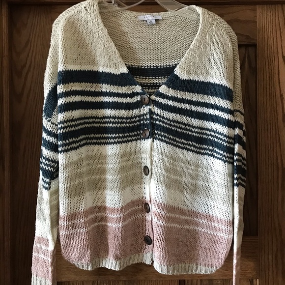 Fall Button up Sweater NWOT (teal/tan/pink) - Picture 1 of 4